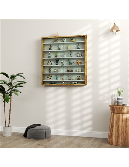 HOMCOM 7-Tier Wall Display Shelf Unit Cabinet w/ 6 Adjustable Shelves Glass Doors Home Office Ornaments 83x80cm, Oak - pic 132605 | FastDaddyshop