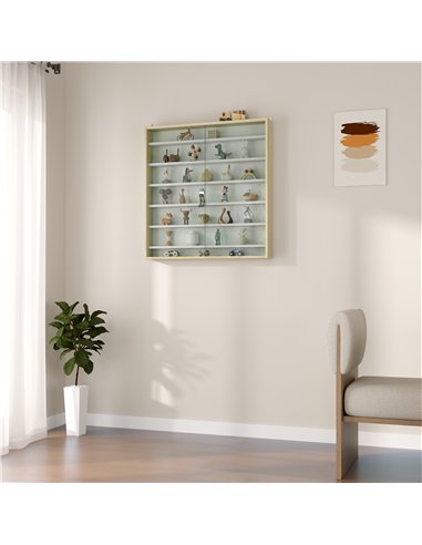 HOMCOM 7-Tier Wall Display Shelf Unit Cabinet w/ 6 Adjustable Shelves Glass Doors Home Office Ornaments 83x80cm, Oak