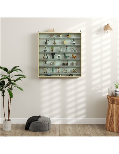 HOMCOM 7-Tier Wall Display Shelf Unit Cabinet w/ 6 Adjustable Shelves Glass Doors Home Office Ornaments 83x80cm, Oak