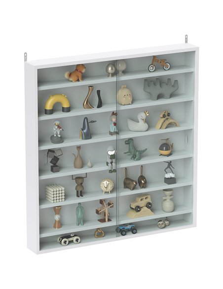 HOMCOM 7-Tier Wall Display Shelf Unit Cabinet w/ 6 Adjustable Shelves Glass Doors Home Office Ornaments 83x80cm, White - pic 132608 | FastDaddyshop