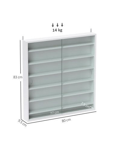 HOMCOM 7-Tier Wall Display Shelf Unit Cabinet w/ 6 Adjustable Shelves Glass Doors Home Office Ornaments 83x80cm, White