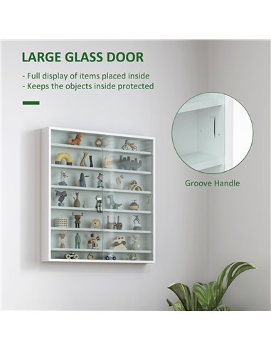 HOMCOM 7-Tier Wall Display Shelf Unit Cabinet w/ 6 Adjustable Shelves Glass Doors Home Office Ornaments 83x80cm, White