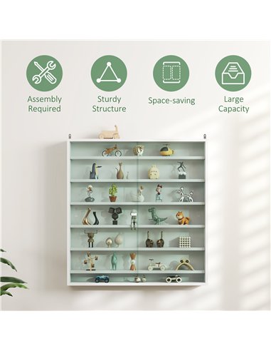 HOMCOM 7-Tier Wall Display Shelf Unit Cabinet w/ 6 Adjustable Shelves Glass Doors Home Office Ornaments 83x80cm, White