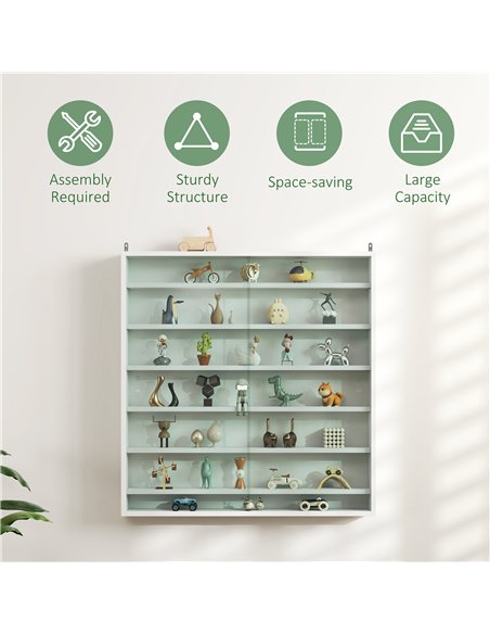 HOMCOM 7-Tier Wall Display Shelf Unit Cabinet w/ 6 Adjustable Shelves Glass Doors Home Office Ornaments 83x80cm, White - pic 132613 | FastDaddyshop