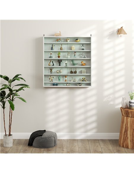 HOMCOM 7-Tier Wall Display Shelf Unit Cabinet w/ 6 Adjustable Shelves Glass Doors Home Office Ornaments 83x80cm, White - pic 132616 | FastDaddyshop