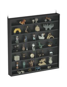 HOMCOM 7-Tier Wall Display Shelf Unit Cabinet w/ 6 Adjustable Shelves Glass Doors Home Office Ornaments 83x80cm, Black