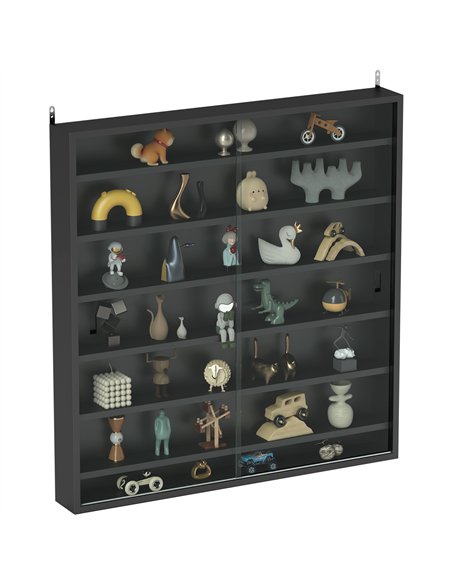 HOMCOM 7-Tier Wall Display Shelf Unit Cabinet w/ 6 Adjustable Shelves Glass Doors Home Office Ornaments 83x80cm, Black - pic 132617 | FastDaddyshop