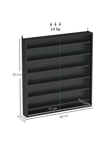 HOMCOM 7-Tier Wall Display Shelf Unit Cabinet w/ 6 Adjustable Shelves Glass Doors Home Office Ornaments 83x80cm, Black