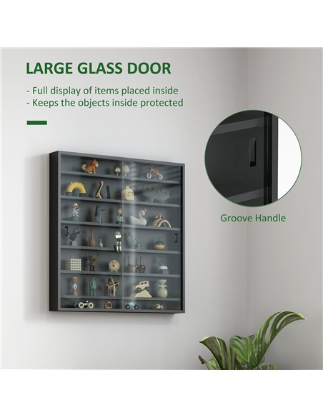 HOMCOM 7-Tier Wall Display Shelf Unit Cabinet w/ 6 Adjustable Shelves Glass Doors Home Office Ornaments 83x80cm, Black - pic 132621 | FastDaddyshop