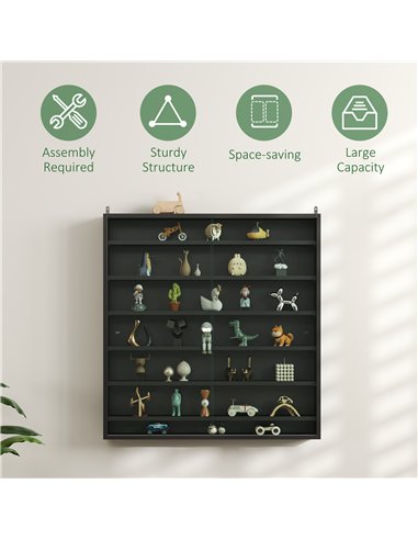 HOMCOM 7-Tier Wall Display Shelf Unit Cabinet w/ 6 Adjustable Shelves Glass Doors Home Office Ornaments 83x80cm, Black