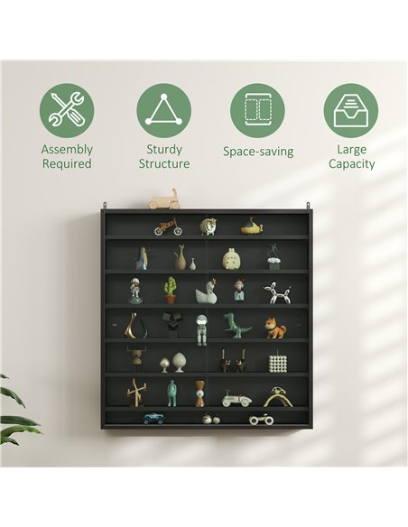 HOMCOM 7-Tier Wall Display Shelf Unit Cabinet w/ 6 Adjustable Shelves Glass Doors Home Office Ornaments 83x80cm, Black - pic 132622 | FastDaddyshop