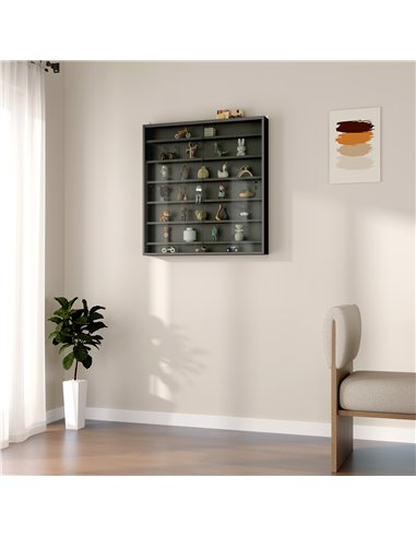 HOMCOM 7-Tier Wall Display Shelf Unit Cabinet w/ 6 Adjustable Shelves Glass Doors Home Office Ornaments 83x80cm, Black
