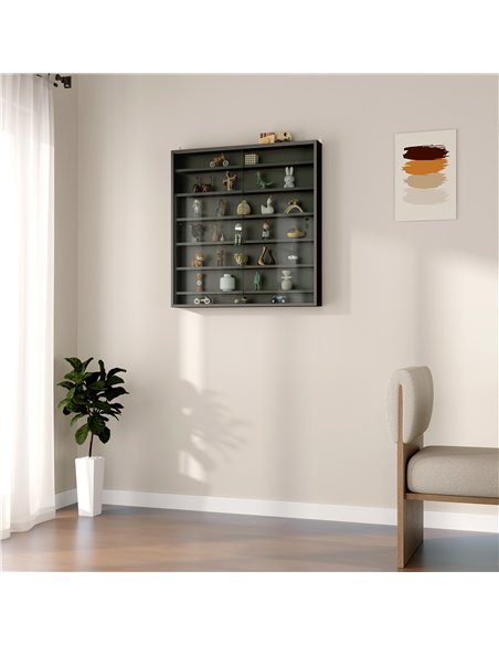 HOMCOM 7-Tier Wall Display Shelf Unit Cabinet w/ 6 Adjustable Shelves Glass Doors Home Office Ornaments 83x80cm, Black - pic 132624 | FastDaddyshop