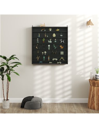 HOMCOM 7-Tier Wall Display Shelf Unit Cabinet w/ 6 Adjustable Shelves Glass Doors Home Office Ornaments 83x80cm, Black