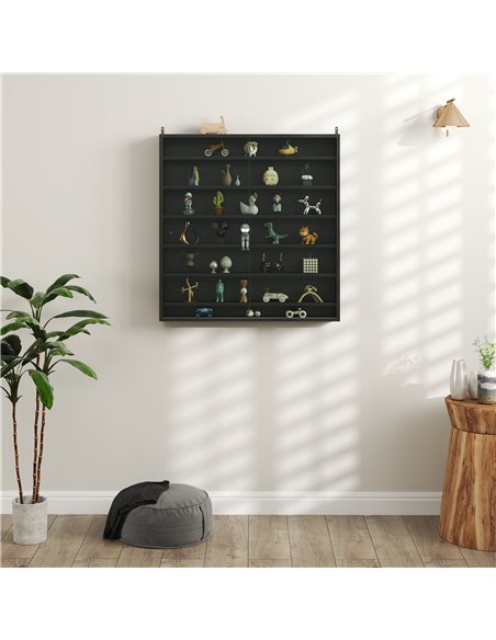 HOMCOM 7-Tier Wall Display Shelf Unit Cabinet w/ 6 Adjustable Shelves Glass Doors Home Office Ornaments 83x80cm, Black - pic 132625 | FastDaddyshop