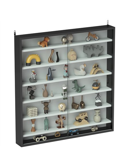 HOMCOM 7-Tier Wall Display Shelf Unit Cabinet w/ 6 Adjustable Shelves Glass Doors Home Office Ornaments 83x80cm, Black and White - pic 132626 | FastDaddyshop