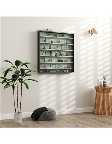 HOMCOM 7-Tier Wall Display Shelf Unit Cabinet w/ 6 Adjustable Shelves Glass Doors Home Office Ornaments 83x80cm, Black and White