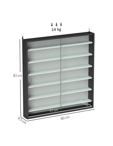 HOMCOM 7-Tier Wall Display Shelf Unit Cabinet w/ 6 Adjustable Shelves Glass Doors Home Office Ornaments 83x80cm, Black and White
