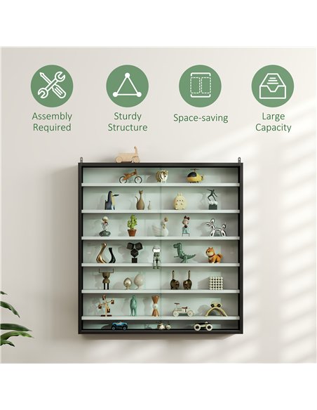 HOMCOM 7-Tier Wall Display Shelf Unit Cabinet w/ 6 Adjustable Shelves Glass Doors Home Office Ornaments 83x80cm, Black and White - pic 132631 | FastDaddyshop