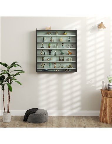 HOMCOM 7-Tier Wall Display Shelf Unit Cabinet w/ 6 Adjustable Shelves Glass Doors Home Office Ornaments 83x80cm, Black and White
