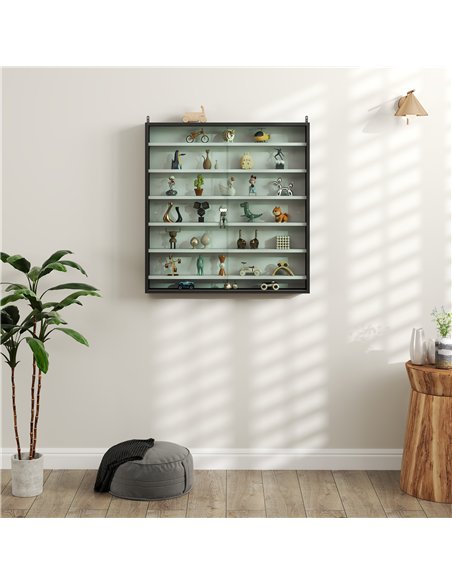 HOMCOM 7-Tier Wall Display Shelf Unit Cabinet w/ 6 Adjustable Shelves Glass Doors Home Office Ornaments 83x80cm, Black and White - pic 132634 | FastDaddyshop