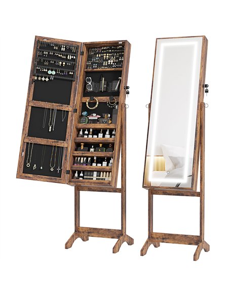 HOMCOM Jewellery Cabinet with LED Light, Lockable Jewellery Organiser with Full-Length Mirror for Bedroom Dressing Room, Rustic  - pic 132635 | FastDaddyshop