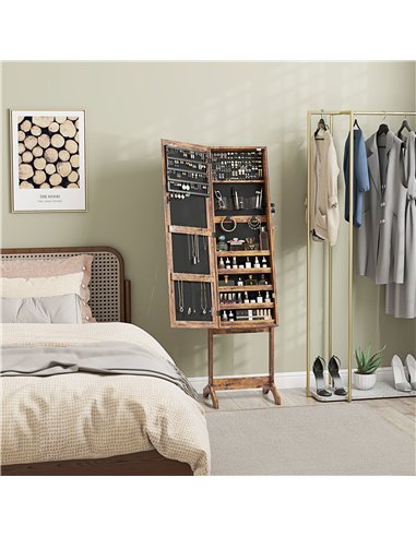 HOMCOM Jewellery Cabinet with LED Light, Lockable Jewellery Organiser with Full-Length Mirror for Bedroom Dressing Room, Rustic 