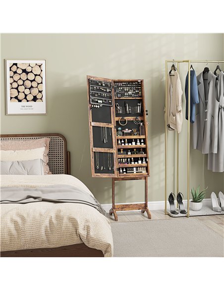 HOMCOM Jewellery Cabinet with LED Light, Lockable Jewellery Organiser with Full-Length Mirror for Bedroom Dressing Room, Rustic  - pic 132636 | FastDaddyshop