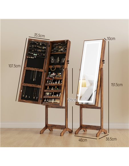 HOMCOM Jewellery Cabinet with LED Light, Lockable Jewellery Organiser with Full-Length Mirror for Bedroom Dressing Room, Rustic  - pic 132637 | FastDaddyshop