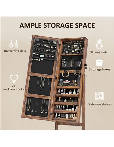 HOMCOM Jewellery Cabinet with LED Light, Lockable Jewellery Organiser with Full-Length Mirror for Bedroom Dressing Room, Rustic 