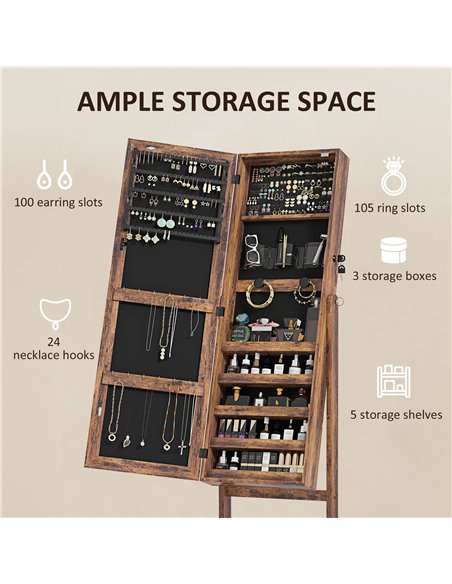 HOMCOM Jewellery Cabinet with LED Light, Lockable Jewellery Organiser with Full-Length Mirror for Bedroom Dressing Room, Rustic  - pic 132638 | FastDaddyshop