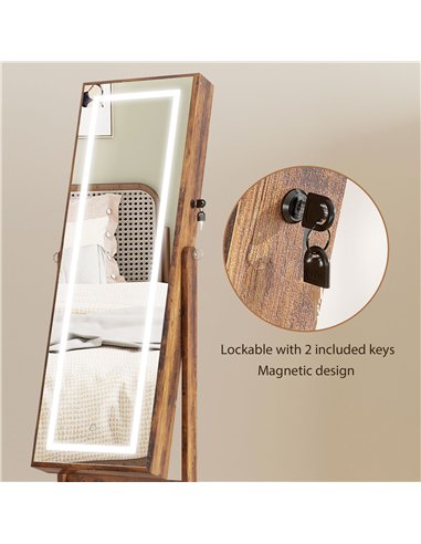 HOMCOM Jewellery Cabinet with LED Light, Lockable Jewellery Organiser with Full-Length Mirror for Bedroom Dressing Room, Rustic 