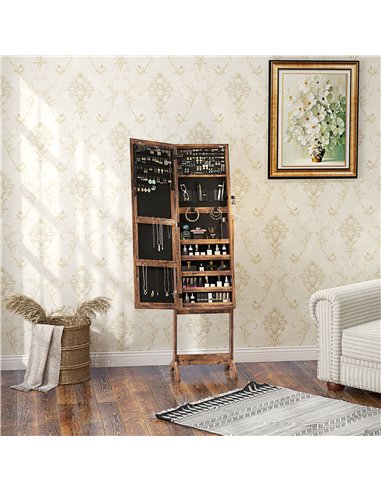 HOMCOM Jewellery Cabinet with LED Light, Lockable Jewellery Organiser with Full-Length Mirror for Bedroom Dressing Room, Rustic 