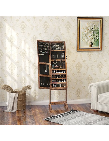 HOMCOM Jewellery Cabinet with LED Light, Lockable Jewellery Organiser with Full-Length Mirror for Bedroom Dressing Room, Rustic  - pic 132642 | FastDaddyshop