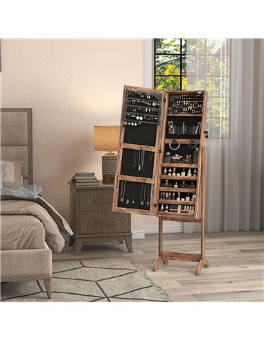 HOMCOM Jewellery Cabinet with LED Light, Lockable Jewellery Organiser with Full-Length Mirror for Bedroom Dressing Room, Rustic 