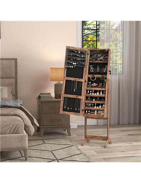 HOMCOM Jewellery Cabinet with LED Light, Lockable Jewellery Organiser with Full-Length Mirror for Bedroom Dressing Room, Rustic  - pic 132643 | FastDaddyshop