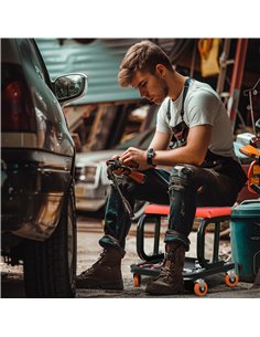 HOMCOM Workshop Stool, Rolling Mechanic Stool with 360 Degree Swivel, Padded Seat, Tool Tray, for Garage, Workshop, Auto Repair, 2