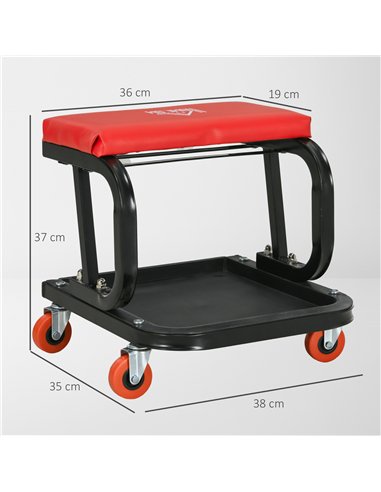 HOMCOM Workshop Stool, Rolling Mechanic Stool with 360 Degree Swivel, Padded Seat, Tool Tray, for Garage, Workshop, Auto Repair,