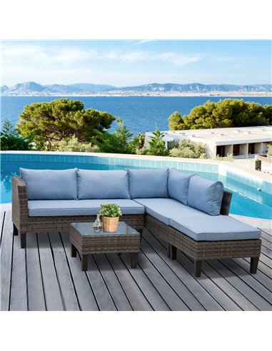 Outsunny 4-Seater Rattan Garden Furniture Corner Sofa Set w/ 2 Seats Footstool Square Glass Top Coffee Table Thick Blue Cushions