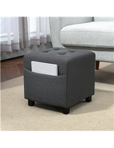 HOMCOM Square Footstool, Small Ottoman with Side Pocket, Linen Fabric Footrest Foot Stool with Rubber Wood Legs and Padded Seat  2
