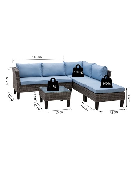 Outsunny 4-Seater Rattan Garden Furniture Corner Sofa Set w/ 2 Seats Footstool Square Glass Top Coffee Table Thick Blue Cushions - pic 13268 | FastDaddyshop
