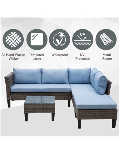 Outsunny 4-Seater Rattan Garden Furniture Corner Sofa Set w/ 2 Seats Footstool Square Glass Top Coffee Table Thick Blue Cushions