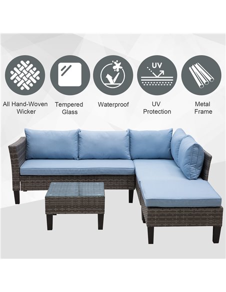 Outsunny 4-Seater Rattan Garden Furniture Corner Sofa Set w/ 2 Seats Footstool Square Glass Top Coffee Table Thick Blue Cushions - pic 13269 | FastDaddyshop