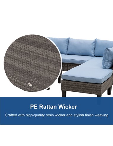 Outsunny 4-Seater Rattan Garden Furniture Corner Sofa Set w/ 2 Seats Footstool Square Glass Top Coffee Table Thick Blue Cushions
