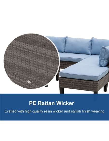 Outsunny 4-Seater Rattan Garden Furniture Corner Sofa Set w/ 2 Seats Footstool Square Glass Top Coffee Table Thick Blue Cushions - pic 13271 | FastDaddyshop