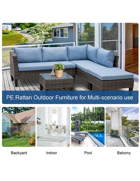 Outsunny 4-Seater Rattan Garden Furniture Corner Sofa Set w/ 2 Seats Footstool Square Glass Top Coffee Table Thick Blue Cushions - pic 13272 | FastDaddyshop