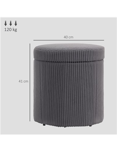 HOMCOM 40cm Round Storage Ottoman, Corduroy Footstool with Removable Lid and Legs, Vanity Stool for Living Room, Bedroom, Grey