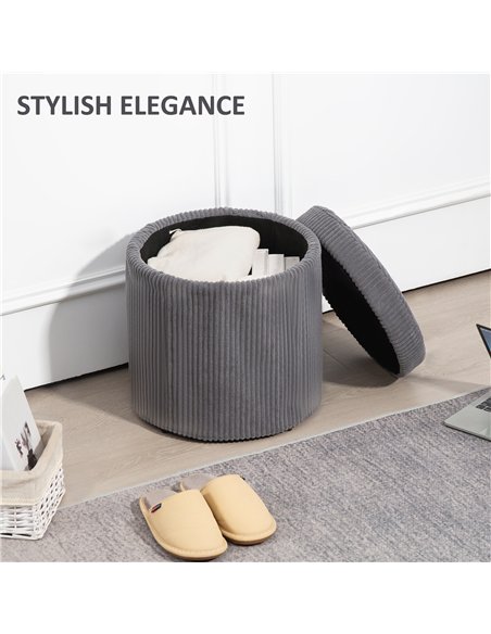 HOMCOM 40cm Round Storage Ottoman, Corduroy Footstool with Removable Lid and Legs, Vanity Stool for Living Room, Bedroom, Grey - pic 132746 | FastDaddyshop