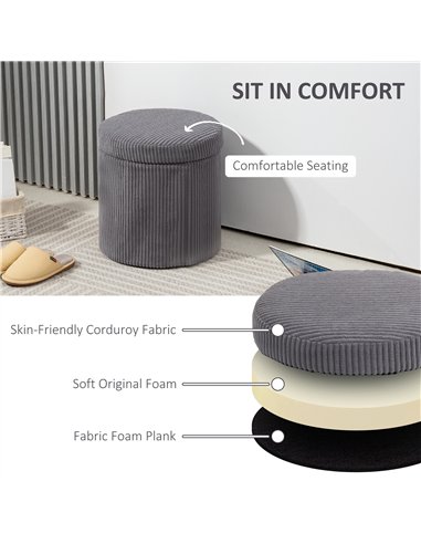 HOMCOM 40cm Round Storage Ottoman, Corduroy Footstool with Removable Lid and Legs, Vanity Stool for Living Room, Bedroom, Grey