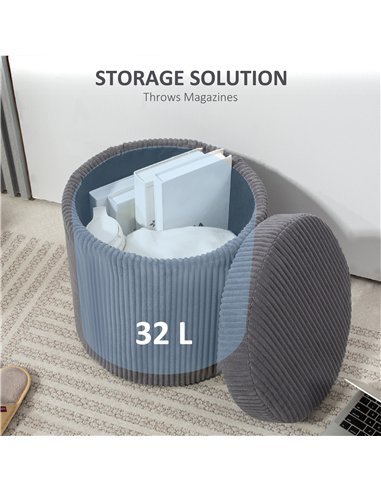 HOMCOM 40cm Round Storage Ottoman, Corduroy Footstool with Removable Lid and Legs, Vanity Stool for Living Room, Bedroom, Grey